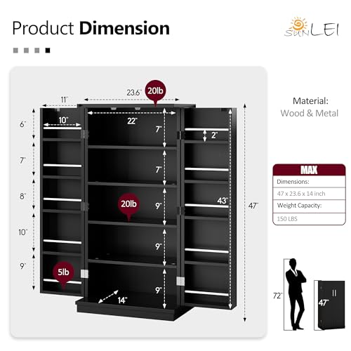 SUNLEI 47" Kitchen Pantry Cabinet, White Food Storage Cabinets with Door and Adjutable Shelves, Freestanding Wooden Dresser for Kitchen, Dining Room, Living Room and Bedroom