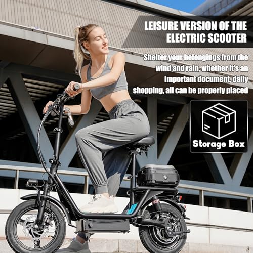 Electric Scooter for Adults, 500W Motor, 20-25 MPH and 20-30 Miles Long Range, 14" Foldable Commuting Electric Scooter with Seat and Basket/Box, Ample Storage for Pet & Cargo