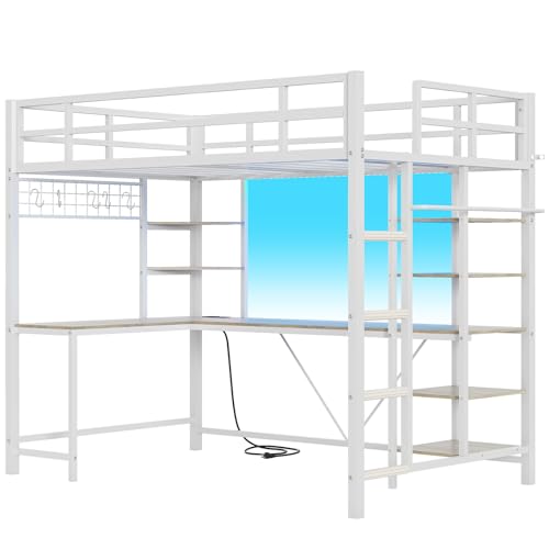 MSmask Loft Bed Twin Size with L Shaped Desk, LED Lights, Charging Station, Heavy Duty Metal Loft Bed Frame with 6 Storage Shelves, Safety Guard & Ladder, No Box Spring Needed, No Noise, Black