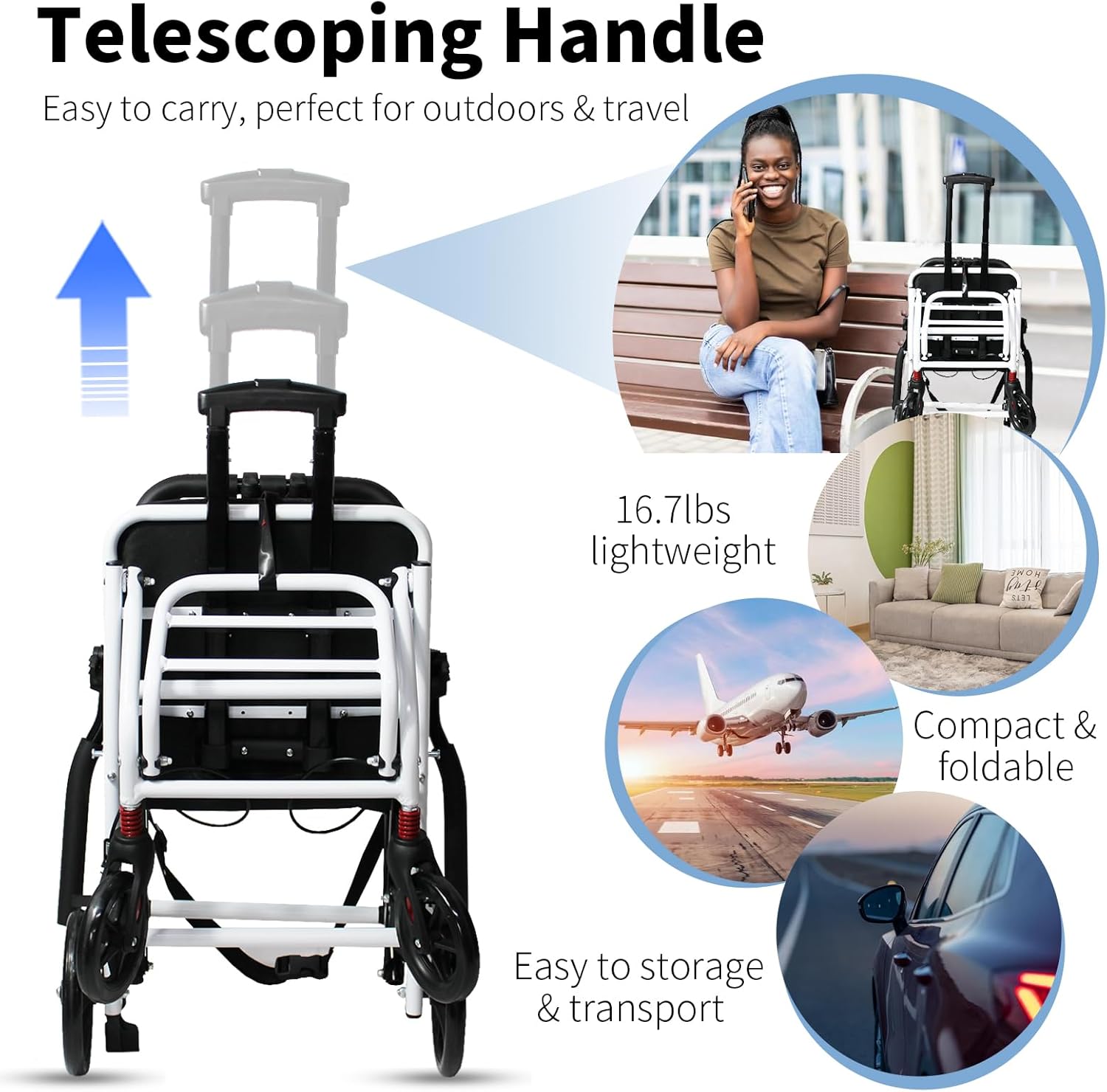 Lightweight Transport Wheelchair with Telescopic Handle, Folding Travel Wheelchairs for Adults Seniors Kids, Portable Padded Transport Chair with Travel Bag, Support 220lbs