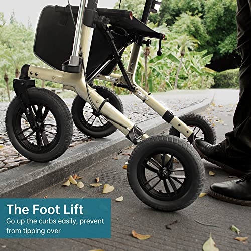 ELENKER All-Terrain Rollator Walker with Non-Pneumatic Tire 12” Front Rubber Wheels, Compact Folding Design for Seniors (Orange)