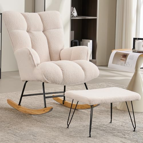 Rocking Chair Nursery, Teddy Upholstered Glider Rocker with High Backrest, Reading Chair Modern Rocking Accent Chairs,Glider Chair with Ottoman for Bedroom, Nursing, Living Room(White)