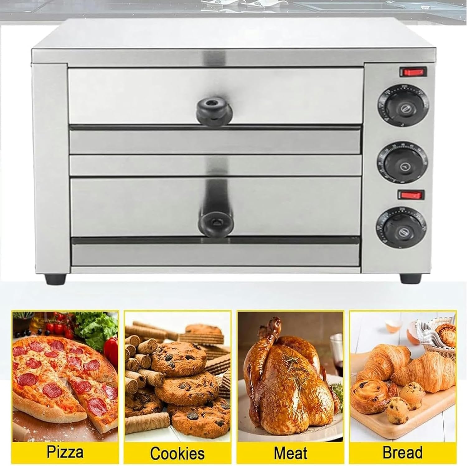 Countertop Pizza Oven Electric Indoor Pizza Oven Commercial Stainless Steel 2-Layers Pizza Cooker with Timer for Home Restaurant