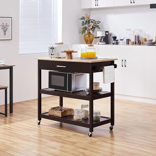 Yaheetech Kitchen Island Cart on Wheels with Bamboo Tabletop, 3-Tier Rolling Kitchen Island Microwave Cart with Drawer, Detachable Towel, 3 Hooks, 17" D x 37.5" W, White