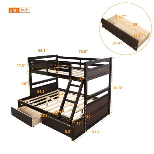 Twin Over Full Bunk Bed with Ladder, Solid Wood Bunk Beds Twin Over Full Size with Guardrail, Twin Over Full Bunk Bed Frame, Can Be Separated Into Twin/Full Size Bed, No Box Spring Needed (Gray)