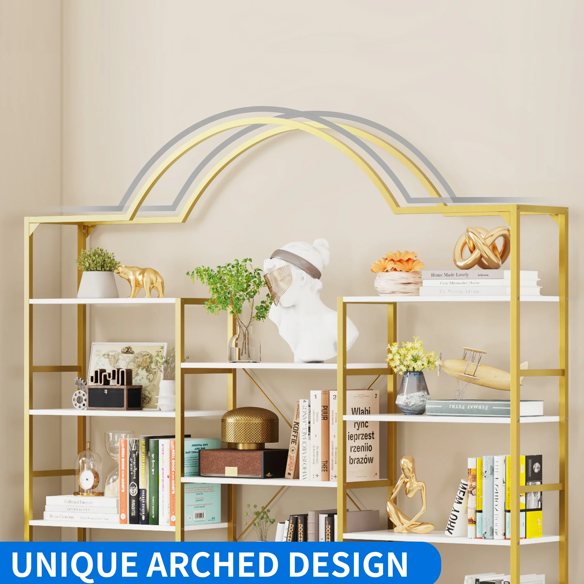 Dextrus 5-Tier Gold and White Bookshelf, Triple Wide Arched Open Display Shelf, Large Storage Bookcase, Tall Display Shelf with Metal Frame, White Gold