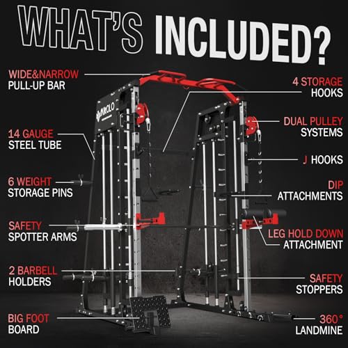 Mikolo Smith Machine Home Gym, 2200lbs Squat Rack with LAT-Pull Down System & Cable Crossover Machine, Training Equipment with Adjustable Weight Bench