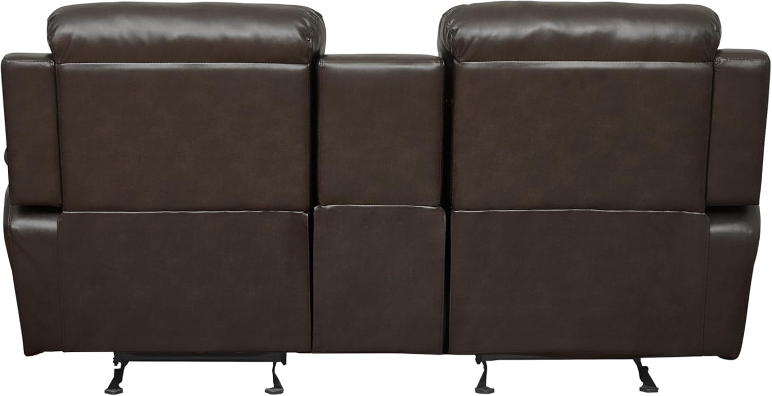 Double Glider Reclining Love Seat with Center Console Brown Faux Leather Upholstered Contemporary Living Room Furniture