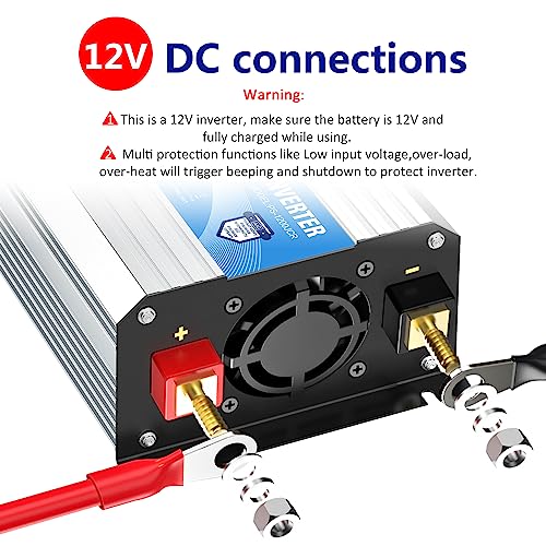 Power Inverter Pure Sine Wave 1200 Watt 12V DC to 120V with USB Ports Type-C PD30W and QC 3.0 Fast Charger with Remote for RV Car Solar System Emergency