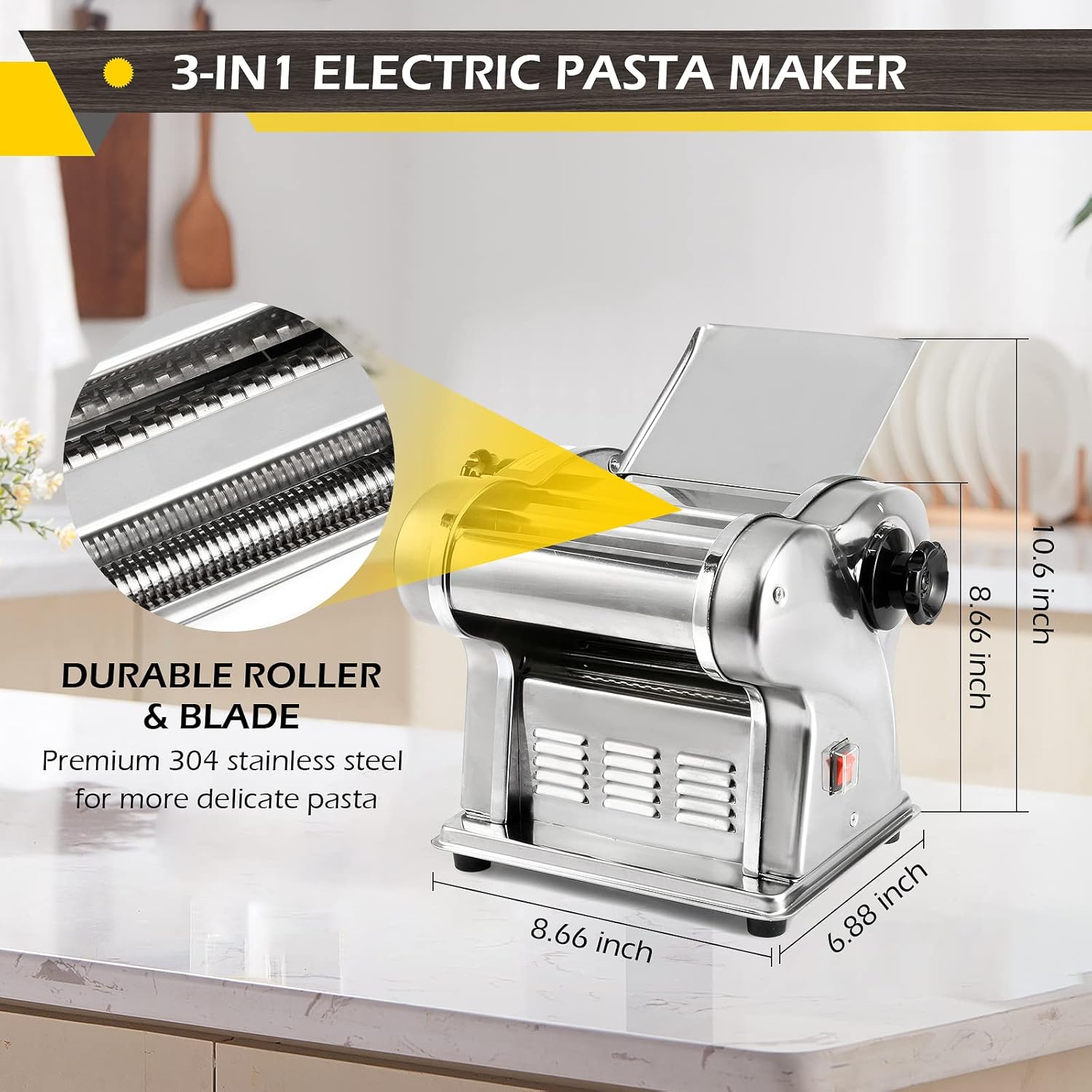 Dyna-Living Electric Pasta Maker Noodle Maker Machine Dough Spaghetti Roller Pressing Machine Thickness Adjustable Stainless Steel 135W for for Home Family Use (1.5mm round noodle+4mm flat noodle)