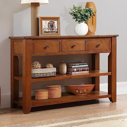48'' Solid Pine Wood Top Console Table,Modern Side Table with 3 Storage Drawers and 2 Shelves,Entryway Table Sofa Table for Living Room,Entryway,Bedroom,Black