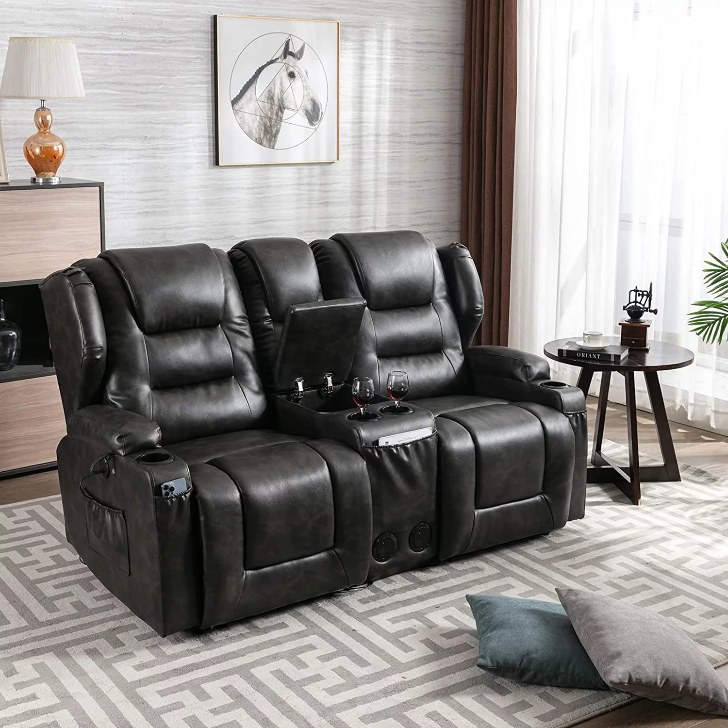 IPKIG Electric Home Theater Seating- Power Recline Chair Loveseat RV Sofa with Console, 67" Double Recliner 2-Seater RV Couch with Storage/USB Charging/Lighting/Cup Holders for Living Room