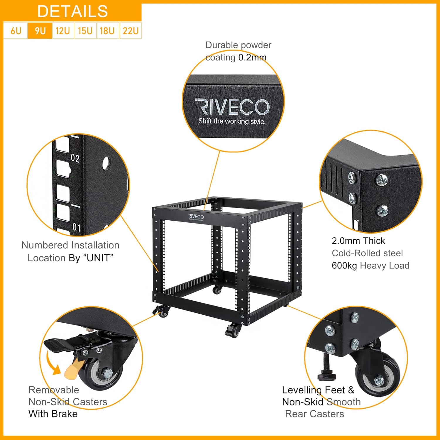 RIVECO 9U Open Frame Server Rack with Casters- Heavy Duty 4 Post Quick Assembly 19-inch, Stereo Rack Network Cabinet Black