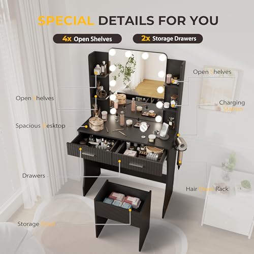 Vanity Desk with LED Lighted Mirror, Makeup Vanity with 3 Adjustable Lights, 2 Large Drawers and 4 Open Shelves, White Vanity with Storage Stool for Bedroom
