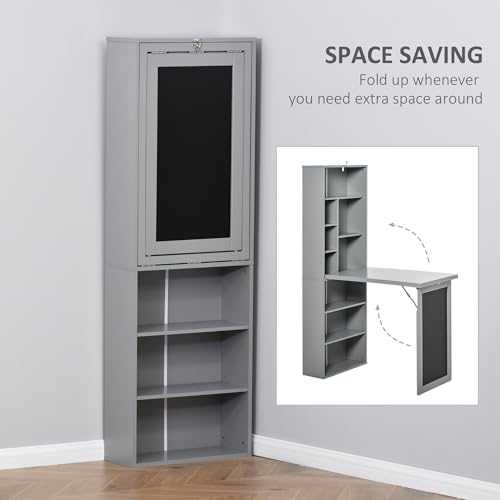 HOMCOM Fold-Out Convertible Writing Table Wall Mount Desk Cabinet with Blackboard and Side Shelf Multi-Function Home Office Workstation, Grey