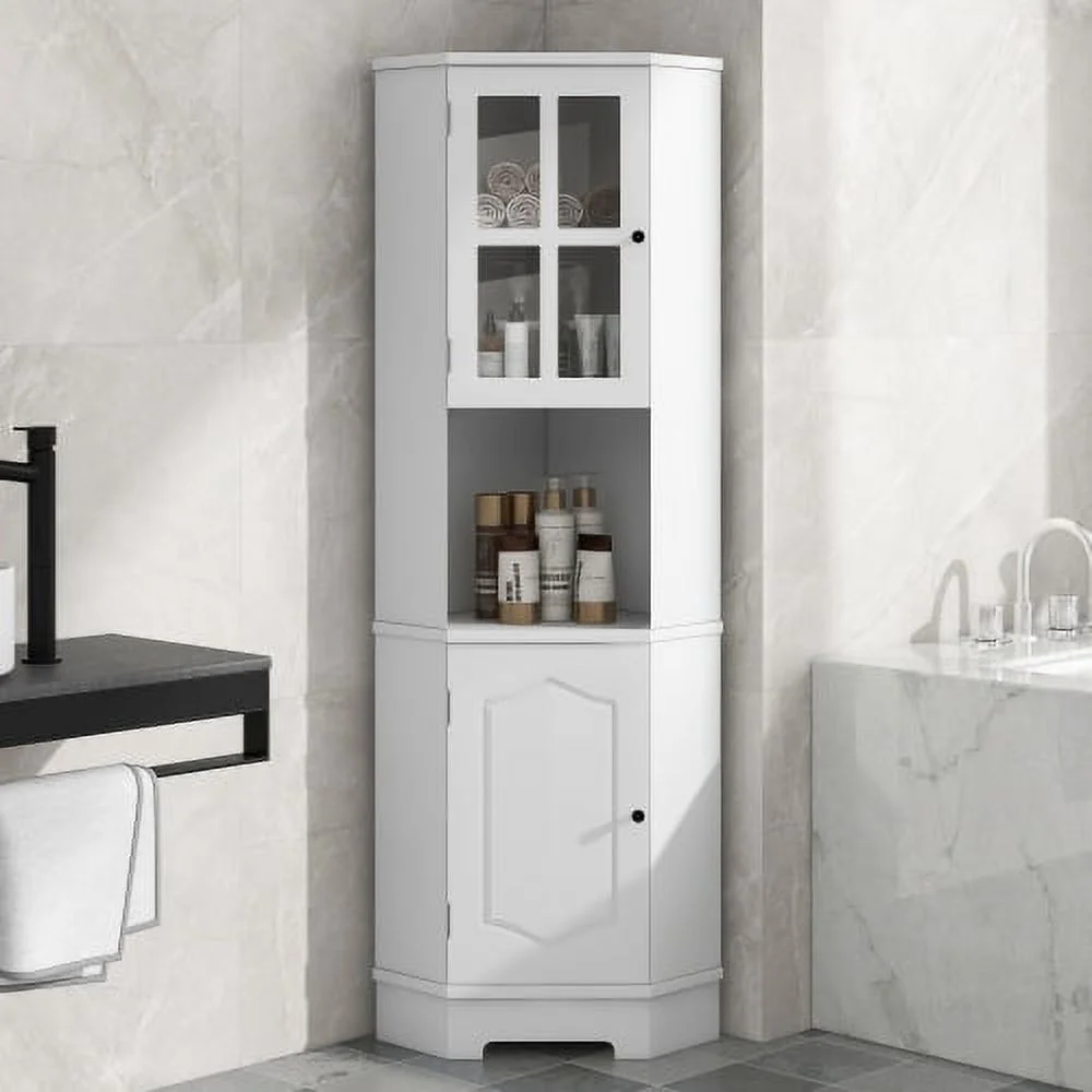 Tall Bathroom Storage Cabinet, Corner Cabinet with Glass Door, Open Storage, Adjustable Shelf, White