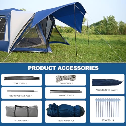 2in1 6-Person Huge SUV Tent Car Tailgate Tent with Porch, 10' x 10' Tent Attachment to SUV Car with 6' x 7' Screen Room Vestibule Awning Porch