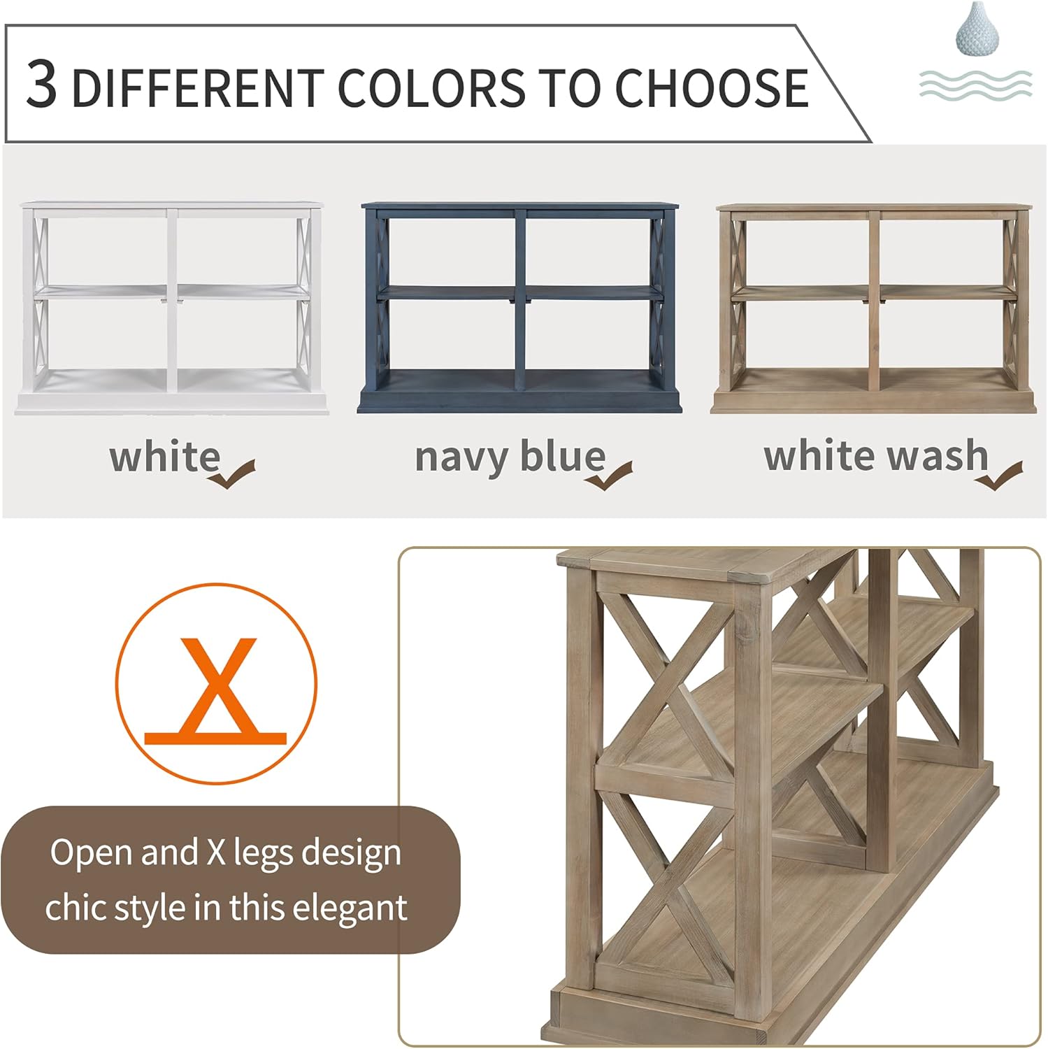 Console Table with 3-Tier Open Storage Spaces and “X” Legs, Narrow Sofa Entry Table for Living Room, Entryway and Hallway (White Wash)