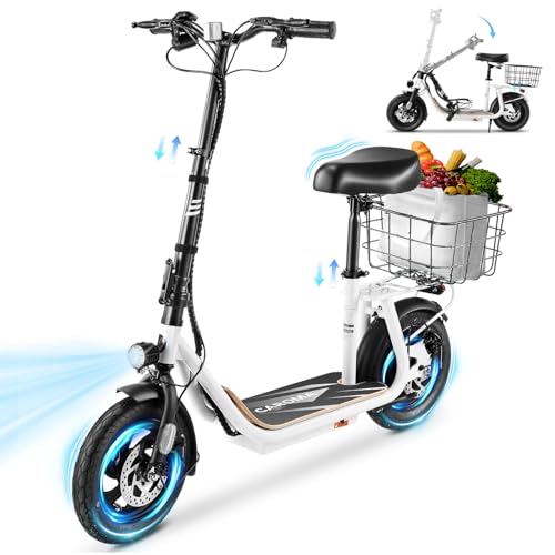 Caroma Peak 800W/1200W Electric Scooter Adults, 30 Miles Max Range, Foldable Electric Scooter with Seat, Front Suspension, Detachable Large Basket,Commuter E-Scooter for Adult and Teens