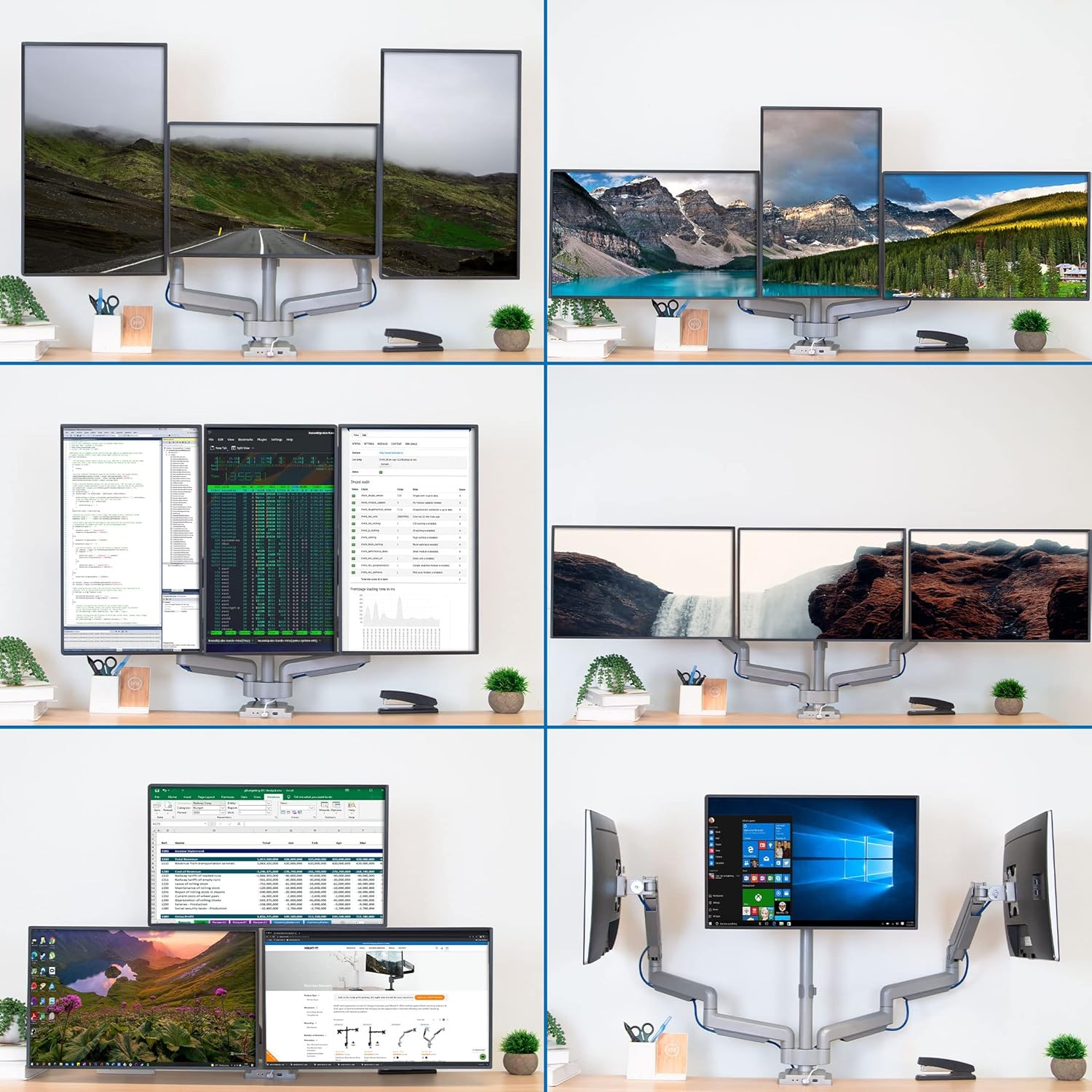 Mount-It! Triple Monitor Mount with USB and Audio Ports, 3 Monitor Desk Mount, Balanced Height Adjustable Triple Monitor Stand for Three Computer Screens 24 27 30 32 Inch VESA Screens, Gaming, Office