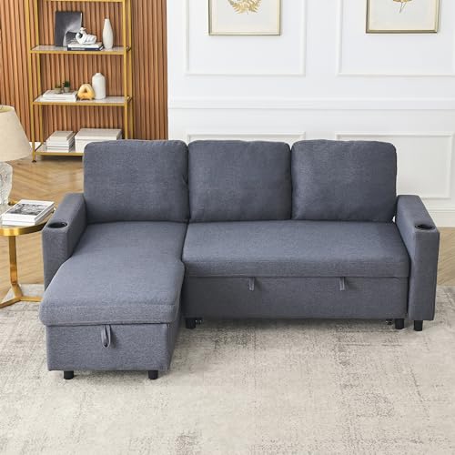 Convertible Sectional Sofa Couch, 3 Seat Sofa Set with Pullout Bed for Living Room, L-Shaped Modern Fabric Modular Sofa Sleeper with Storage Chaise for Office, Apartmen(Light Grey)