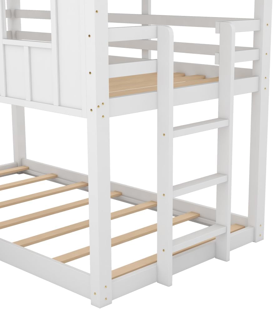 Twin Over Twin House Bunk Bed with Slide and Windows,White 2-Numbers of Package Pine Wood+MDF 14/7pcs 77.4" L*41.9" W*80" H 155Lb GX000920AAK-1