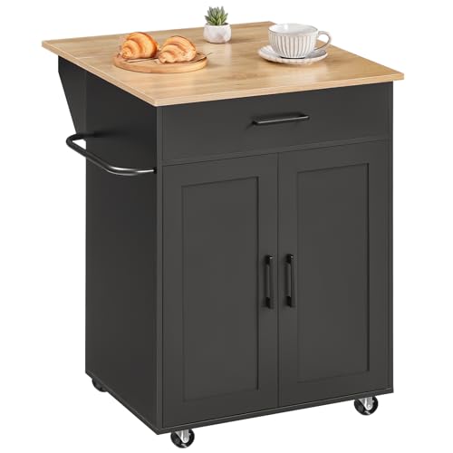 Kitchen Island on Wheels with Drop Leaf, Folding Countertop Kitchen Island Cart, Kitchen Island Table with Towel Rack, Drawer, for Kitchen, Dining Room, White and Natural KINW12501