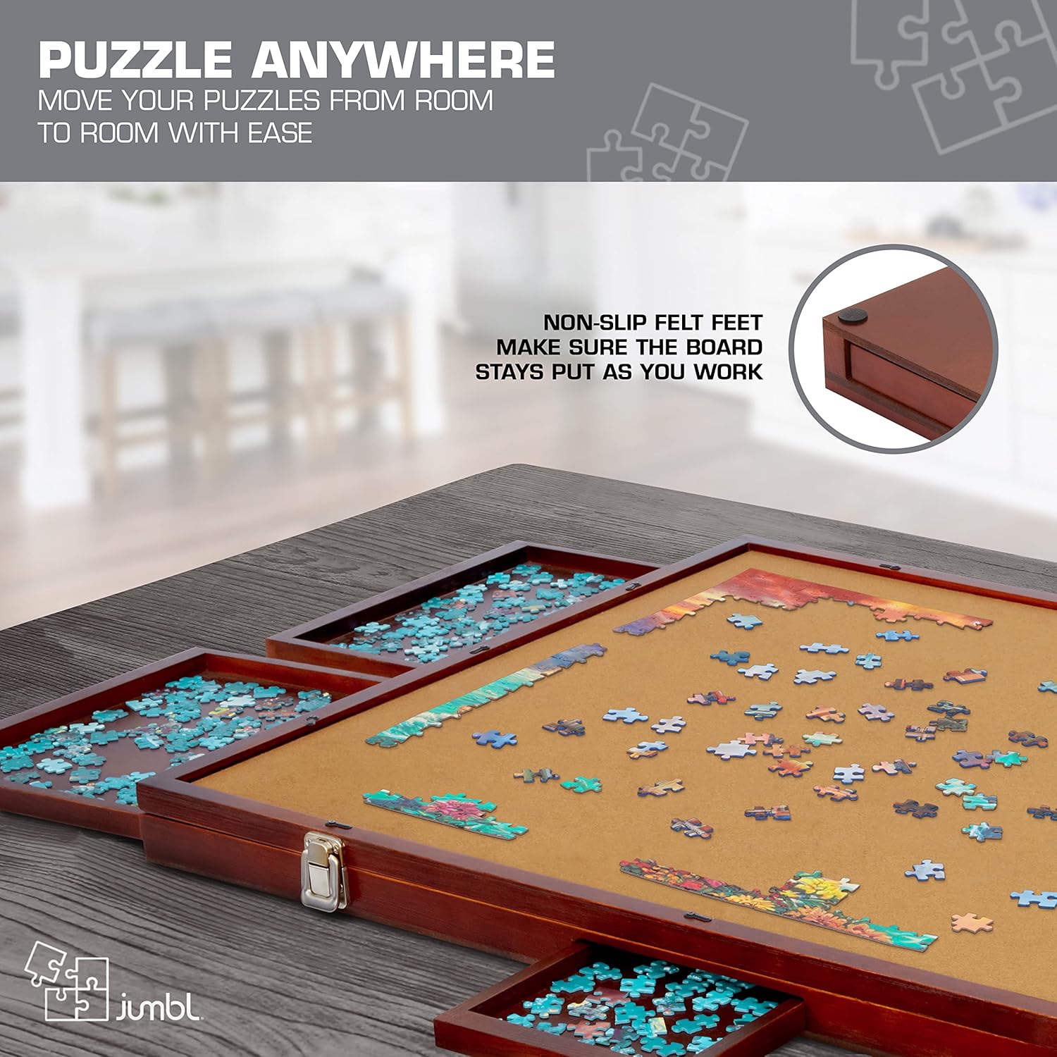 Jumbl Premium 1500-Piece Tilting Puzzle Board w/Felt Surface, 6 Removable Sorting Drawers Surface, Interlocking Cover | 27” x 35” Wooden Jigsaw Puzzle Table | Reinforced Hardwood Construction