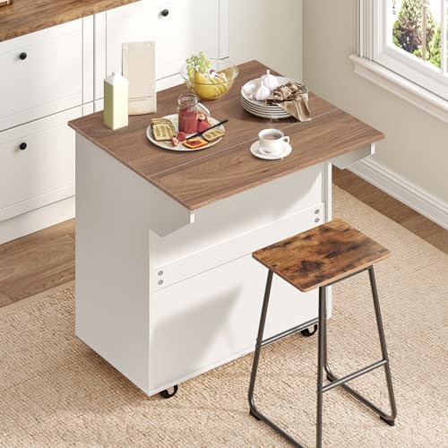 Kitchen Island on Wheels with Drop Leaf, Folding Countertop Kitchen Island Cart, Kitchen Island Table with Towel Rack, Drawer, for Kitchen, Dining Room, White and Natural KINW12501