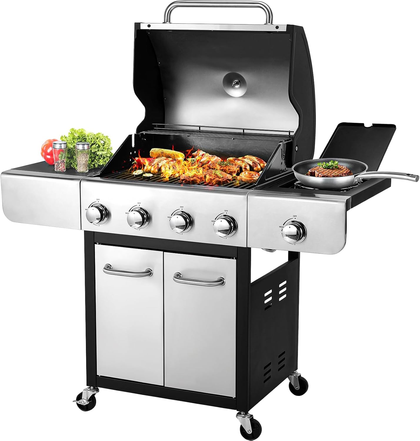MAMIZO 4-Burner Outdoor Propane Gas Grill, 40000 BTU Output Stainless Steel BBQ Grill with 12000 BTU Side Burner,Thermometer and Caster for Outdoor Cooking Kitchen, Patio Backyard Barbecue and Camping
