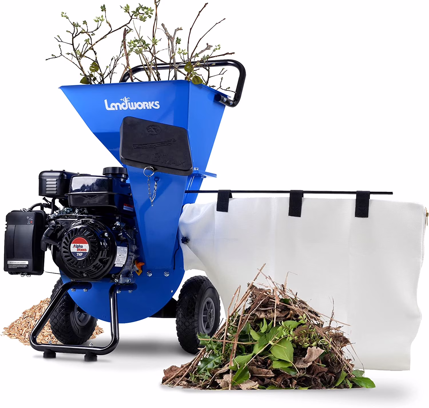 Landworks Wood Chipper, Shredder, & Mulcher - 7HP 212CC Gas Engine 3" Max Branch Diameter