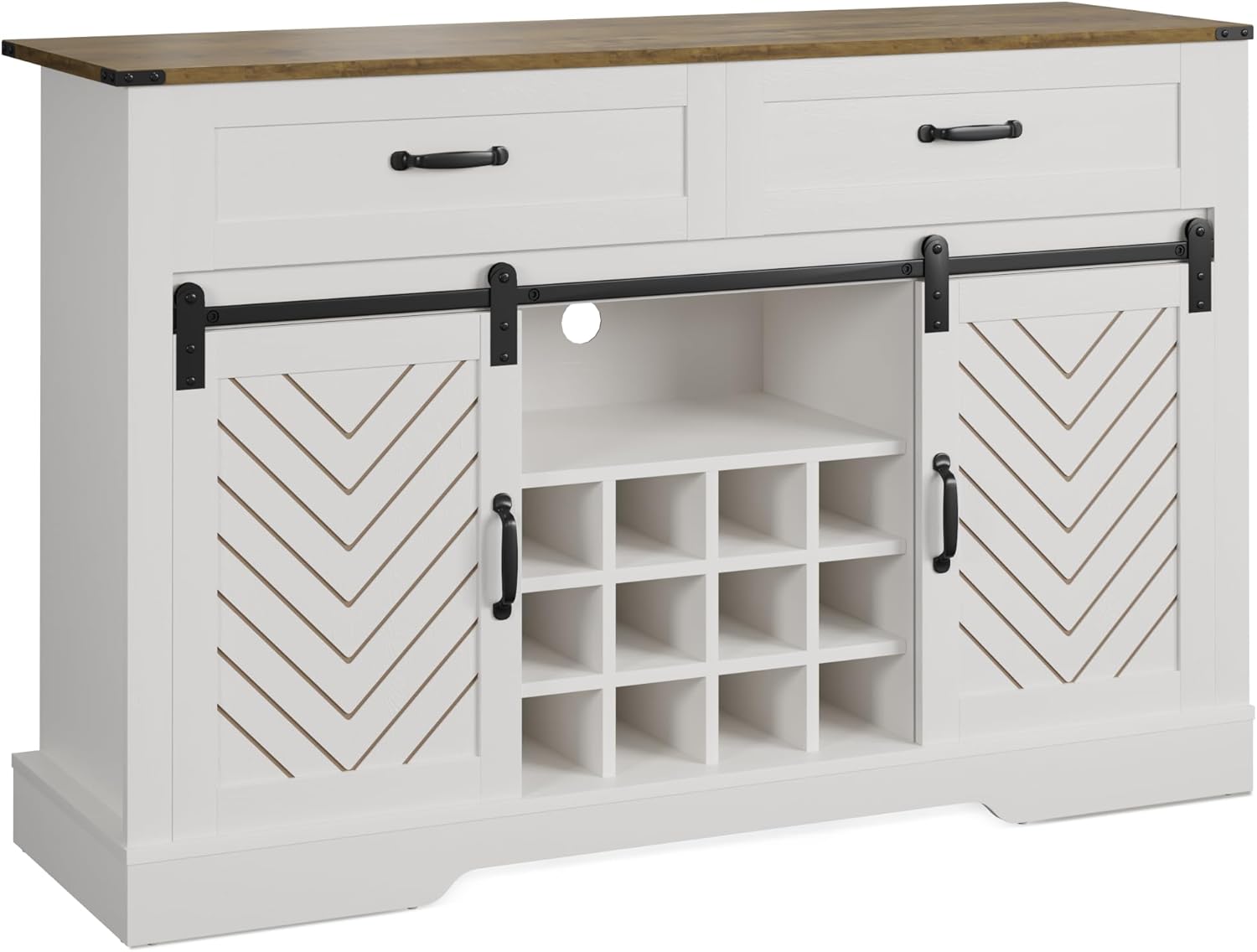 Farmhouse Storage Sideboard Buffet Coffee Bar Cabinet with Sliding Barn Door, 3 Drawers, Wine and Glass Rack - White & Oak