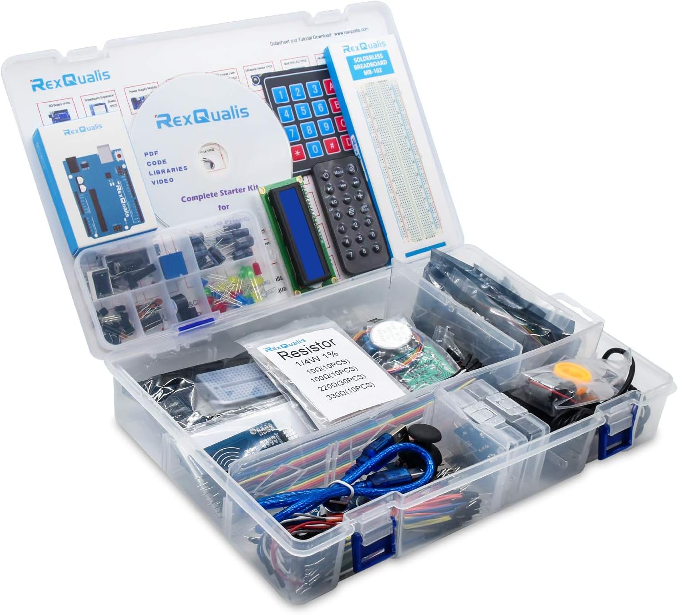REXQualis Complete Starter Kit Based on Arduino UNO R3 w/ Detailed Free Tutorial Compatible with Arduino IDE (67 Items) Pack of 2