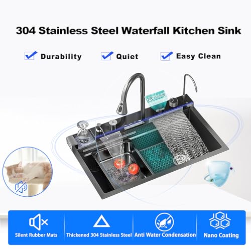 Kitchen Sink with Dual Waterfall Outlets,Digital Kitchen Sink with Cup Washer,Smart Sink with Pull-Out Faucet,304 Stainless Steel Kitchen Sink,Nano Kitchen Sink with All Accessories