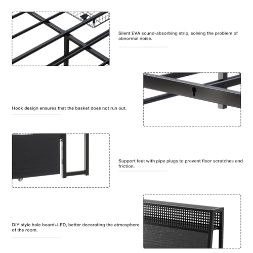 Queen Bed frame with LED Lights, Metal Platform Bed Frame with 4 Storage Drawers, Tall Bookcase Headboard and Charging Station, Sturdy, No Box Springs Needed Black