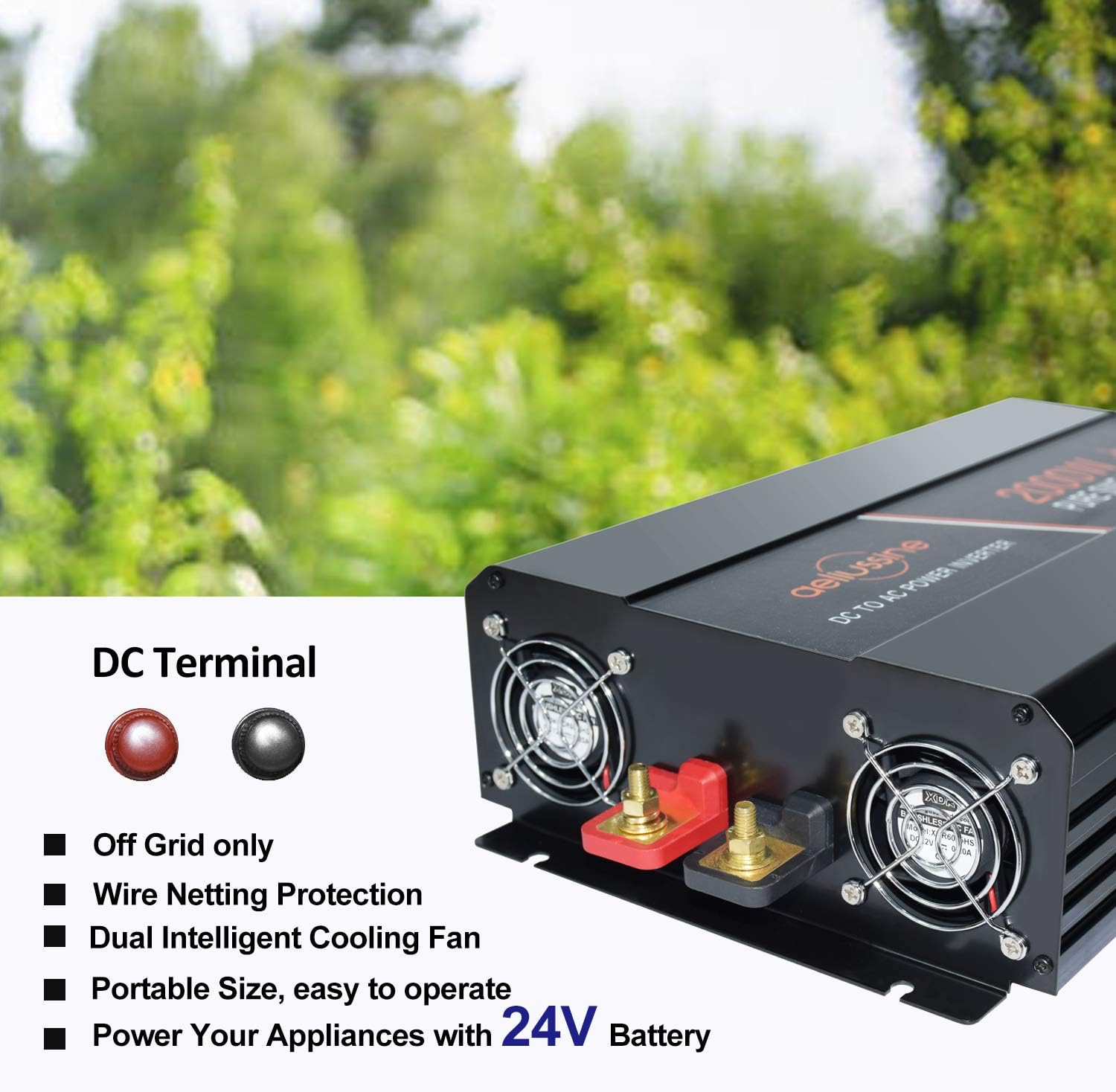 aeliussine Power Inverter 2000W Pure Sine Wave Inverter 12v DC to AC 120v Peak 4000 Watt Converter with LCD Display USB Charge Port for Car RV Boat Solar Power System.