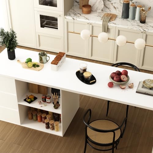 ECACAD 80.7" Kitchen Island with Storage, Wood Kitchen Prep Table White Stationery Storage Cabinet with 3 Drawers, Open Shelves & 2 Cabinets for Dining Room