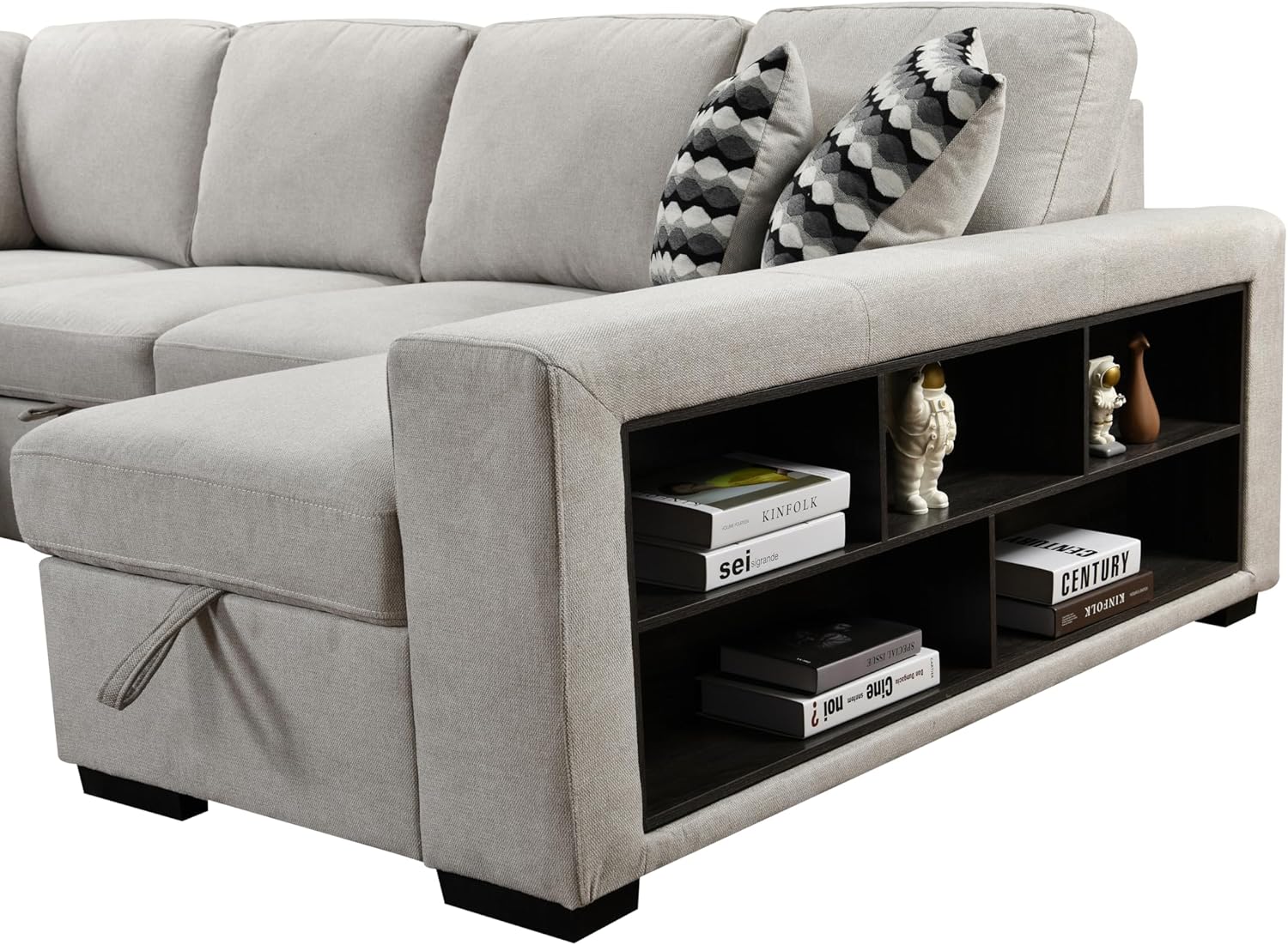 125'' Modern U Shaped 8 Seat Sectional Cabinet,Sofa Storage Chaise-Pull Out Couch Bed for Living Room, Beige