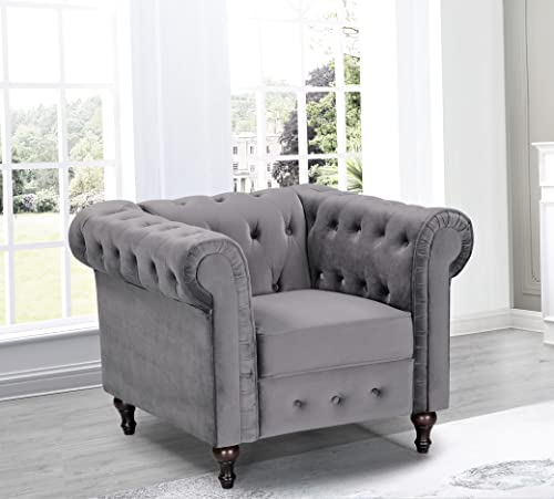 Teressa 3-Piece Velvet Chesterfield Sofa Set for Living Room, Apartment or Office, Includes Mid Century Modern Couch, Loveseat and Accent Chair, Grey