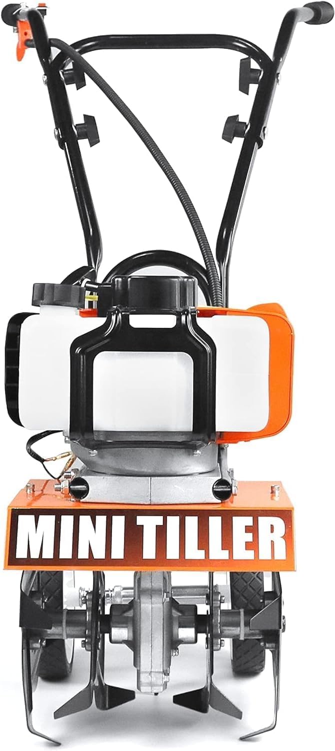 NEOTEC Mini Tiller Cultivator, 52cc 2 Stroke Gas Powered 4 Premium Steel Adjustable Forward Rotating Tines, Height Adjustable Wheels for Garden & Lawn, Digging, Weed Removal