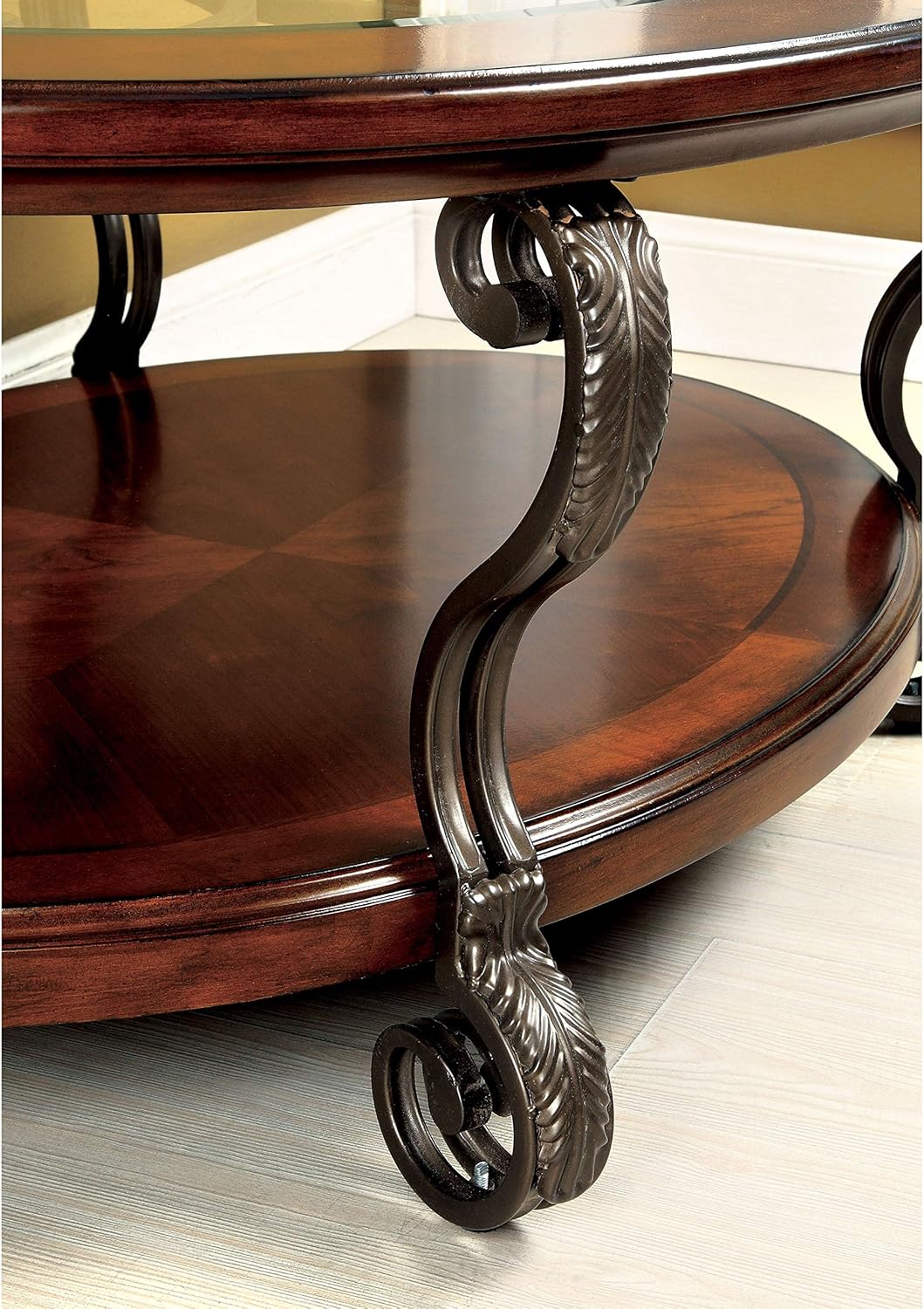 Elegant Round Top End Table Brown Traditional Transitional Oval Metal Wood Cherry Finish Includes Hardware Shelf