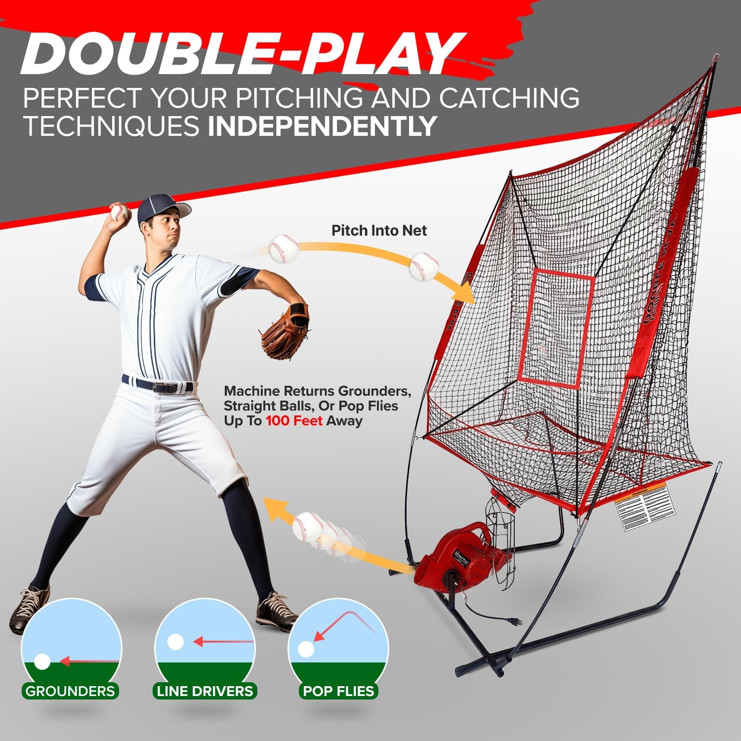 Heater Sports Double Play Pitch Back & Pitching Machine DP249, Red