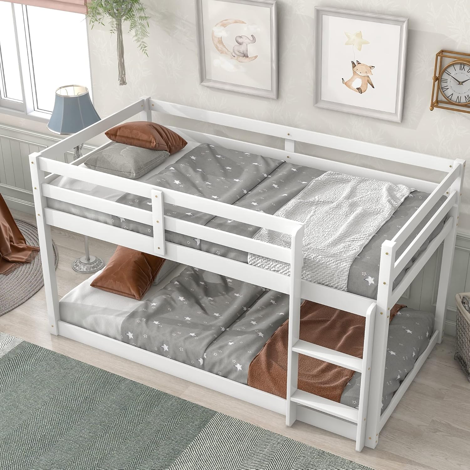Twin Over Twin Loft Bed Wooden Bed Frame with Safety Guardrail and Ladder, for Kids Teens Boys Girls, White