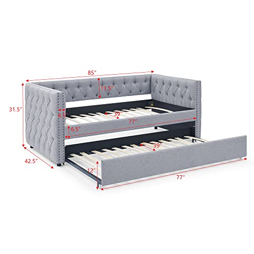 Daybed with Trundle, Fabric Upholstered Twin Size Day Bed Button-Tufted Sofa Daybed Frame Twin Roll-Out Trundle, No Box Spring Needed, Furniture for Bedroom, Living Room, Guest Room