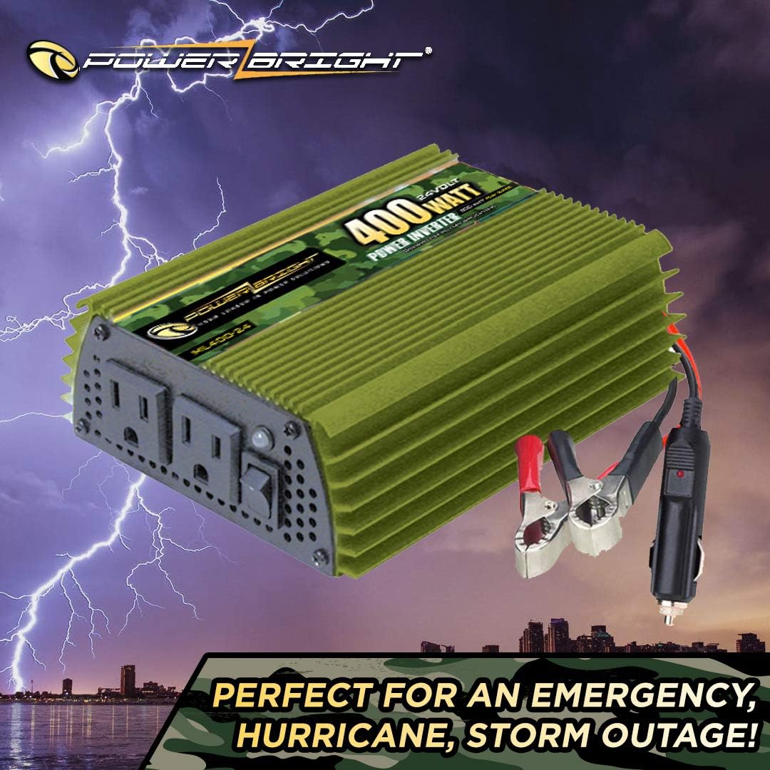 PowerBright 400 Watt 24V Power Inverter, Dual 110V AC Outlets, Modified Sine Wave, Back Up Power Supply for Small Appliances, Blenders, Vacuums & Power Tools w/ Battery Cables Included - CE Approved Pack of 2