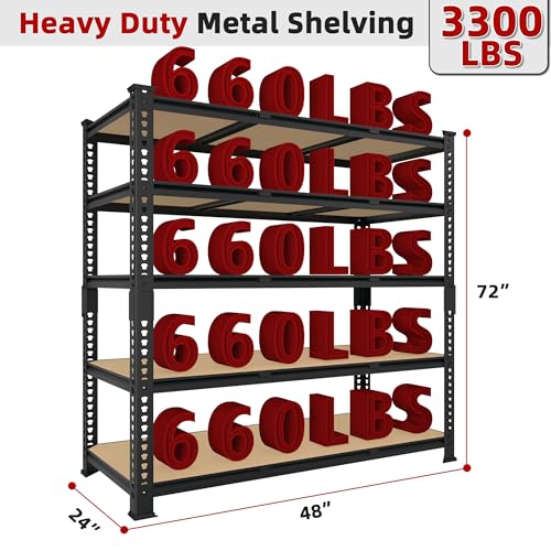 5 Tier Garage Storage Shelves - 32" W x 16" D x 63" H Adjustable Heavy Duty Metal Shelving Unit, Garage Shelving Utility Storage Rack for Basement, Pantry, Kitchen, Black, 2 PCS