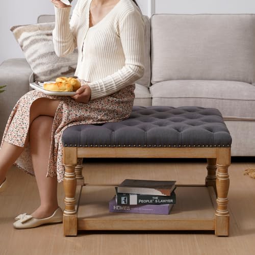 33-inch Large Square Ottoman Coffee Table with Storage Shelf and Solid wood Legs - Button Tufted Upholstered Linen Ottoman stool for Living room，Office, Bedroom, Farmhouse (Beige)