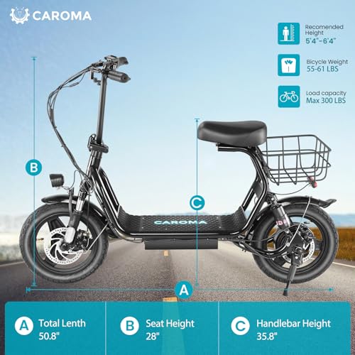 Caroma Peak 500W/800W/1200W Electric Scooter with Seat, Max 15/20/30Miles Range&20MPH, 14" Tires Foldable Adult Electric Scooter with Basket for Pets & Cargo, Dual Shock Absorbing Ebike for Commuting