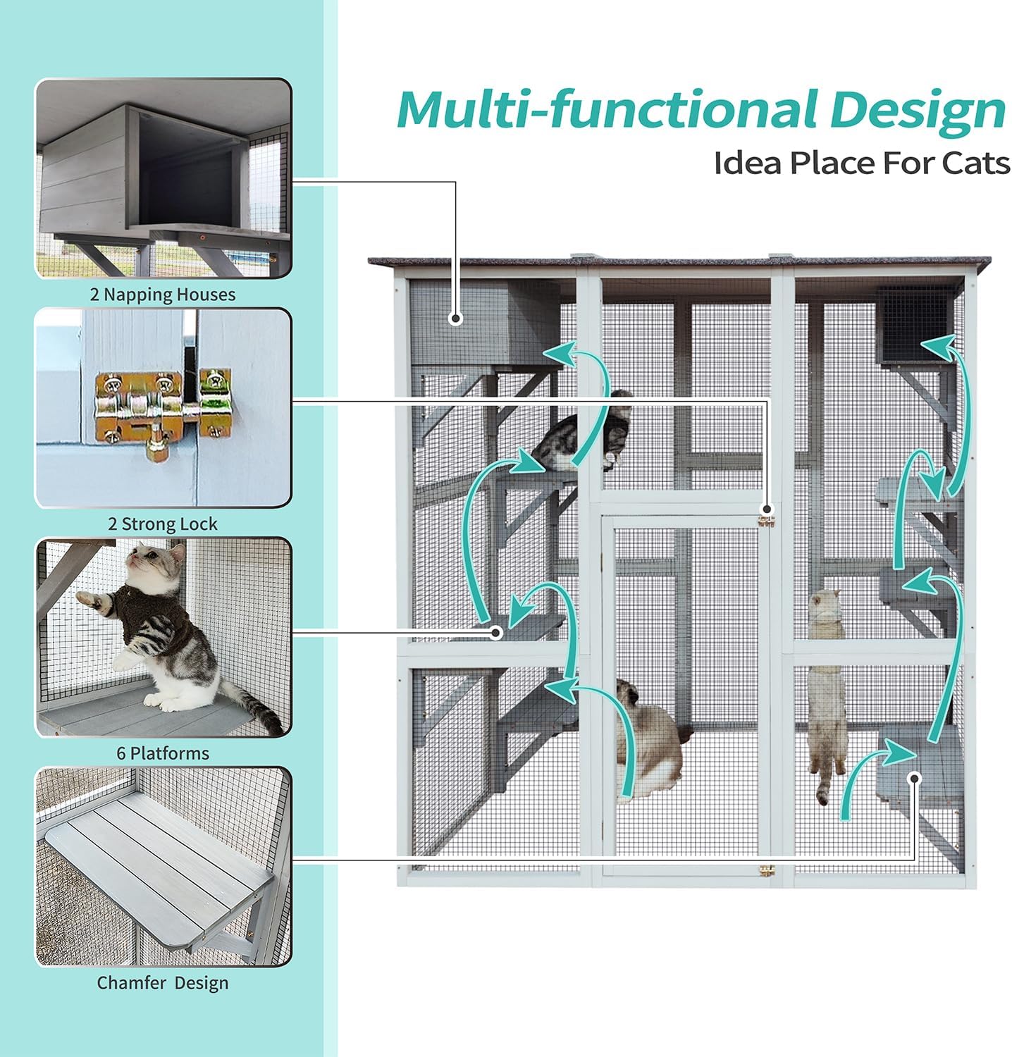 3-Tier Wooden Outdoor & Indoor Cat House Suitable for 1-3 Cats Cat Enclosure Resting Box with 4 Platforms and 2 doors Cat Shelter House with a Jump Box for Hiding and Resting Cat Cage 71"H-Gray