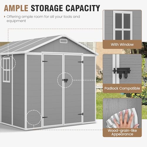 Outdoor Storage Shed, 6x6 FT Resin Shed with Floor and Lockable Door, Window, Vents, Tool Sheds and Outdoor Storage for Bike, Garden Accessories, Tools, Waterproof (Grey & White)